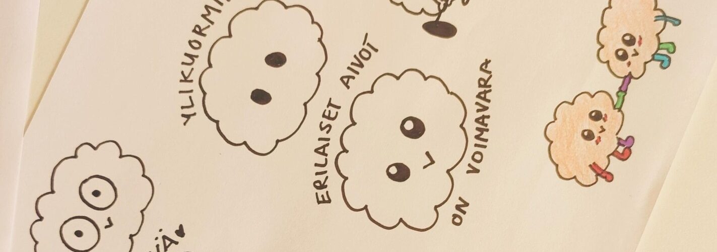 Paperille on piirretty antropomorfisia aivoja ja kirjoitettu rohkaisevia tekstejä